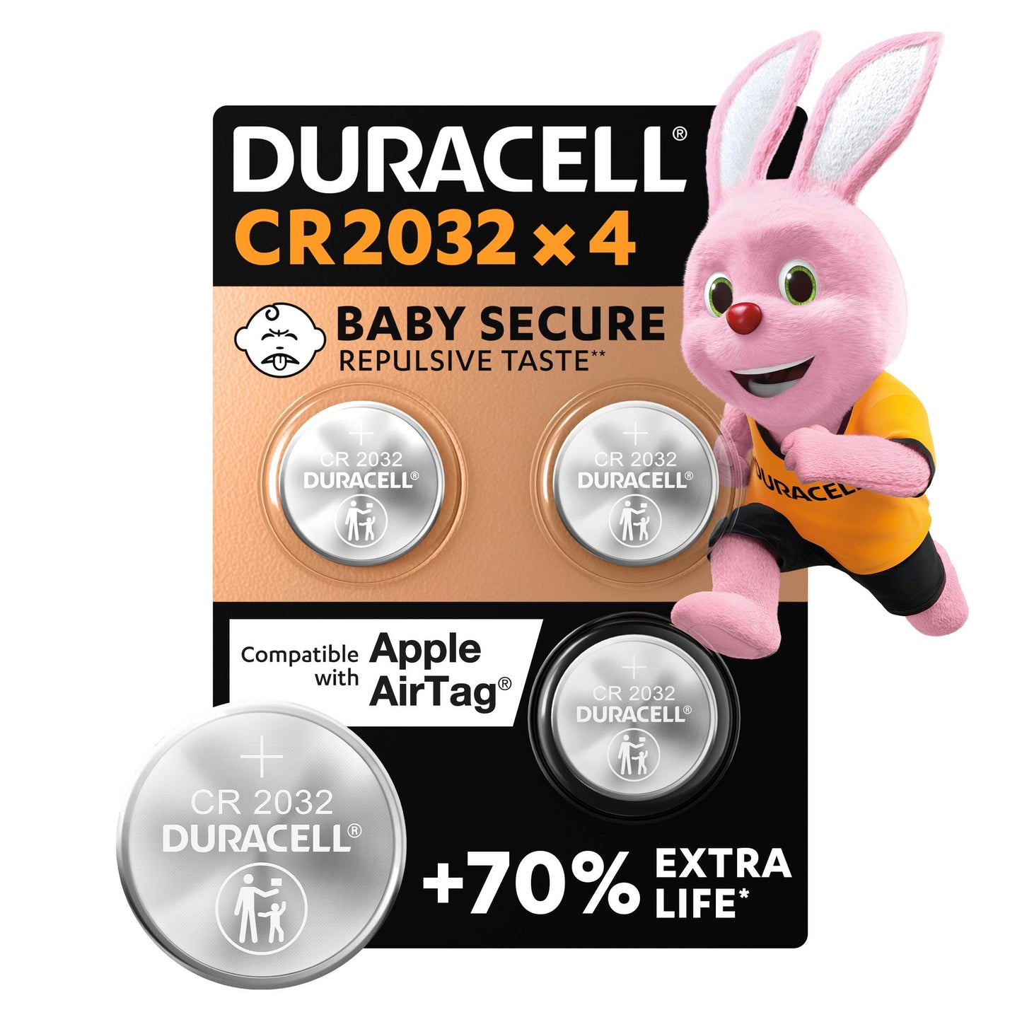 Duracell Batterie a moneta al litio 3V CR2032 (4 pz.) - Fino a +70% di durata - Tecnologia Baby Secure - Per Apple AirTag, chiavi auto, dispositivi domestici, sportivi e medici - A prova di bimbo
