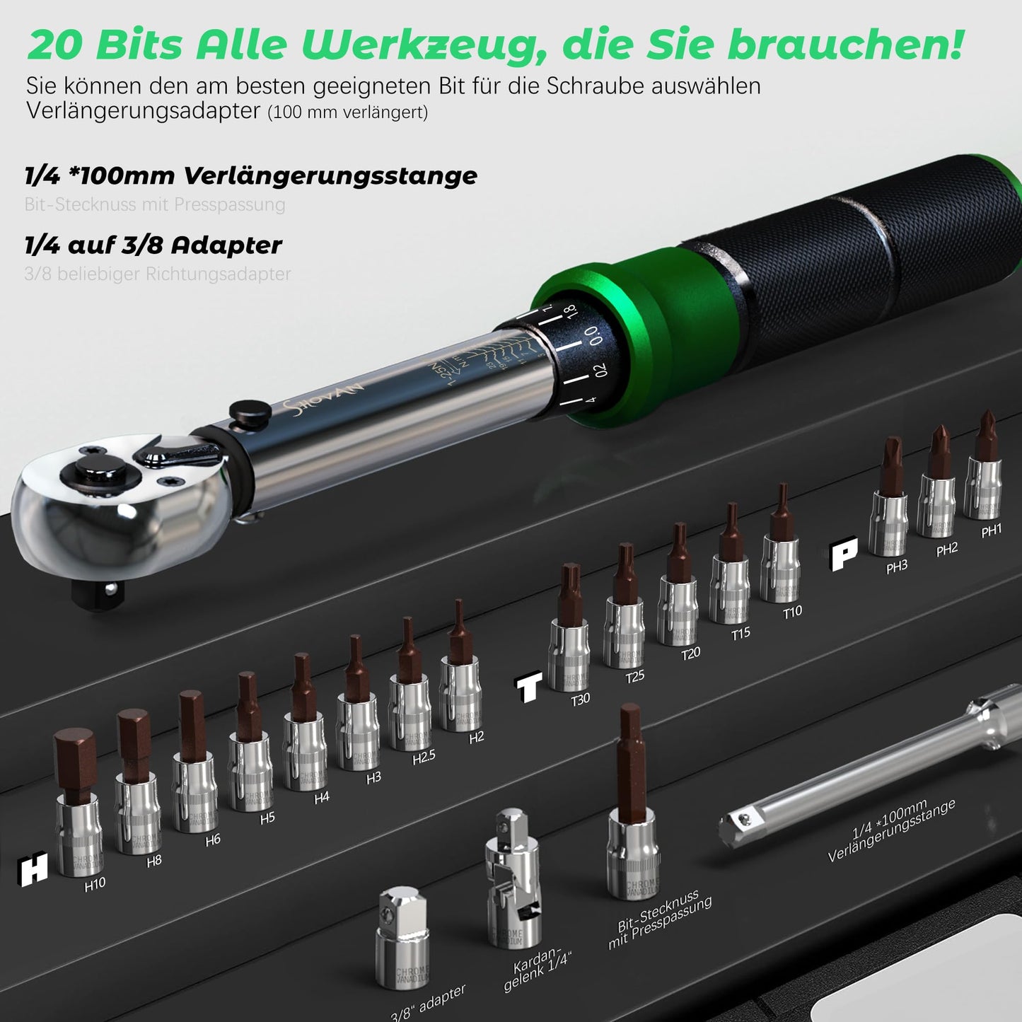 Chiave Dinamometrica Bici, Set Chiavi a Cricchetto 1/4 di Pollice 2-24 Nm, Cricchetto Reversibile a 72 Denti, Precisione di Errore ± 3%, con Adattatore da 3/8", Punte Phillips Hex e Torx