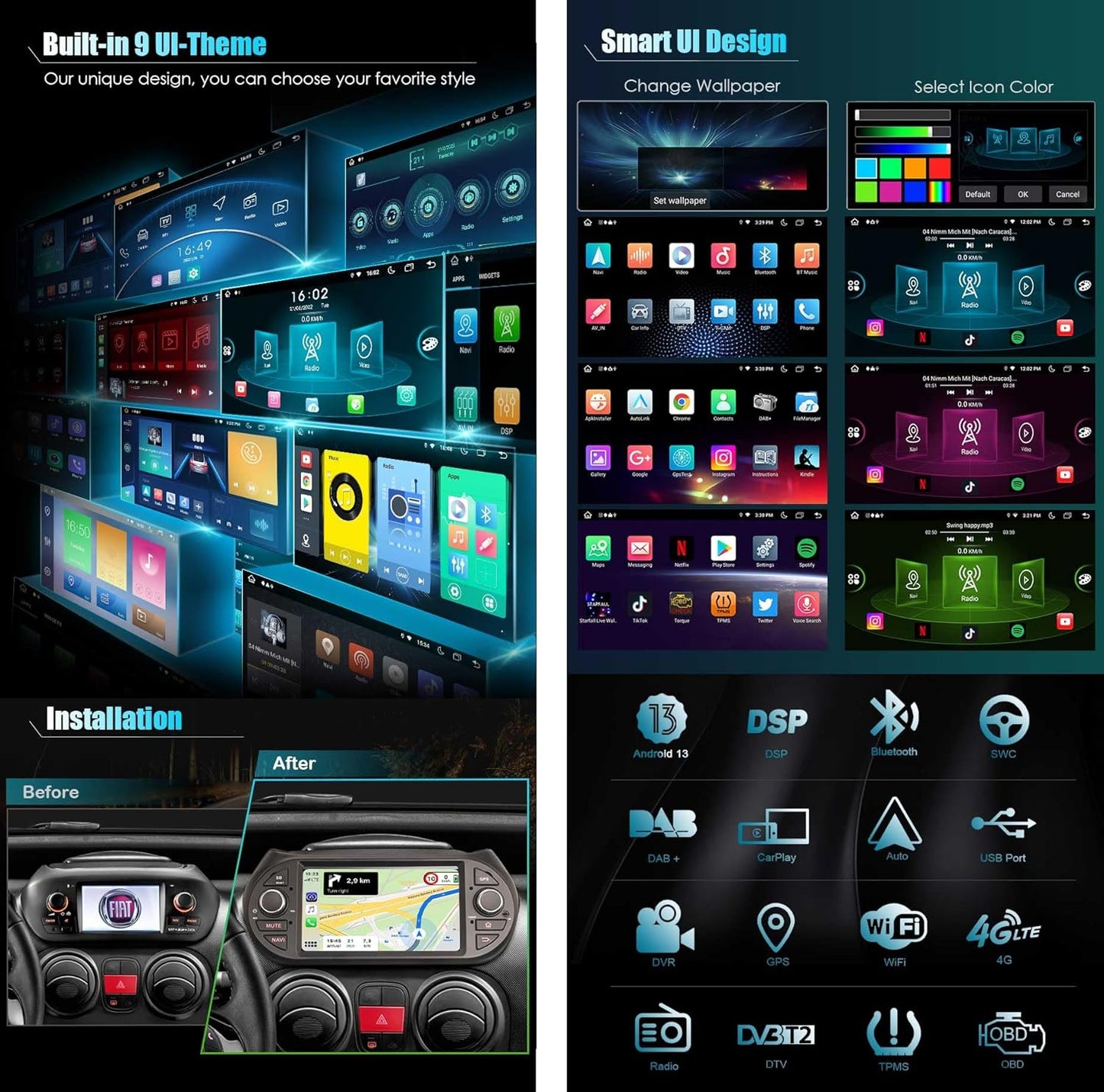Autoradio Navigatore GPS per Fiat Fiorino Qubo Citroen Nemo Peugeot Bipper 8-Core 4GB+64GB Android 13 7 Pollici Touch Screen Supporto Wireless CarPlay Android Auto Bluetooth DSP DAB+ WiFi 4G