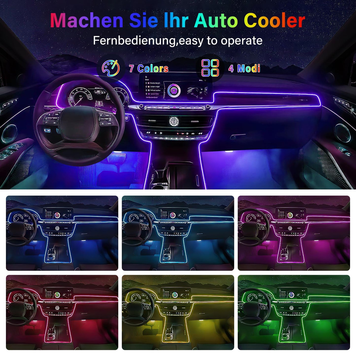 Boadw Striscia Led Auto 5V 5050 RGB Illuminazione Ambientale Auto 4m, Led Strip Car con APP,Pulsante di Controllo,Luce di Atmosfera USB Neon Luce di Musica Striscia Nero Cavo
