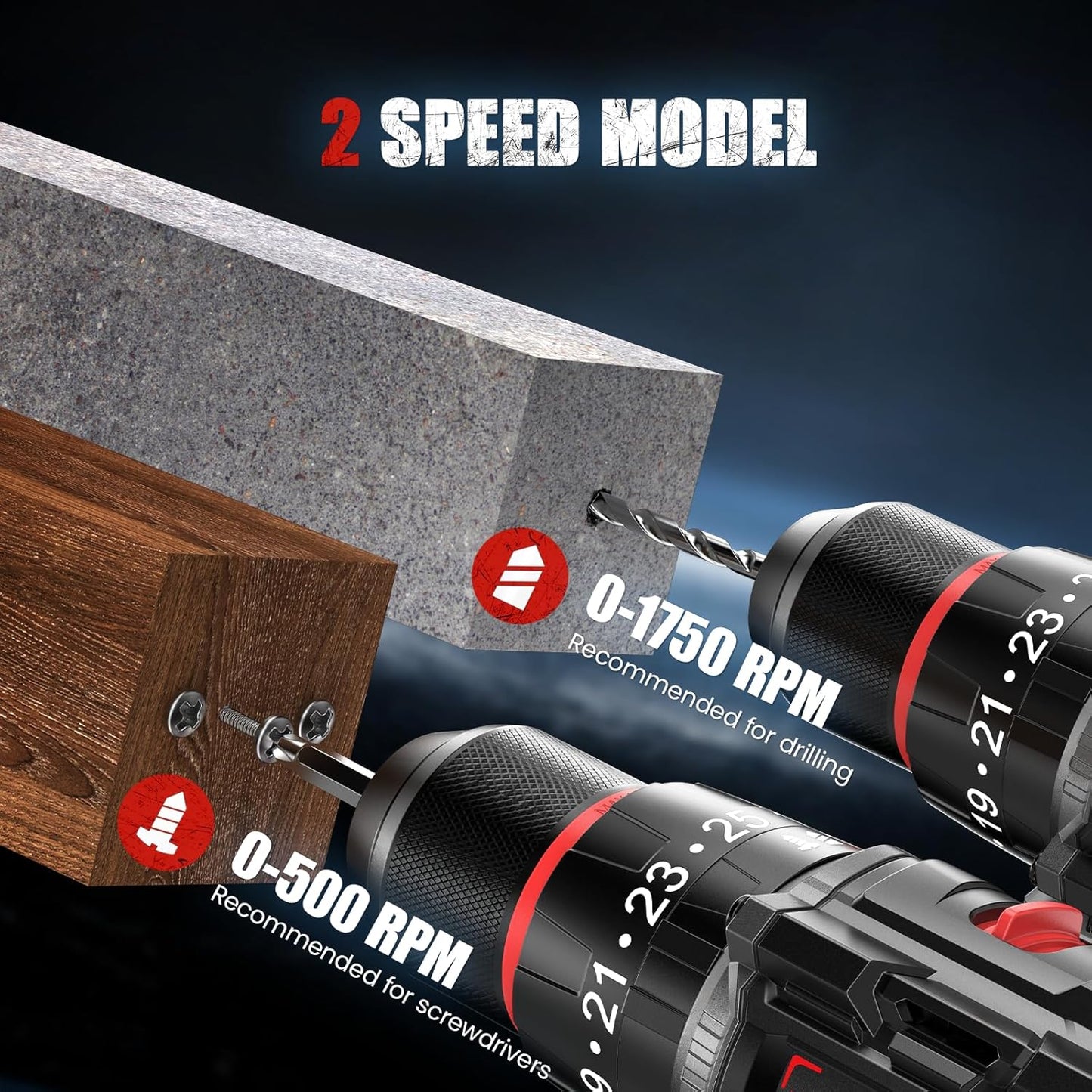 Trapano Elettrico Brushless Cordless Drill, 21 V, Impact Wrench with 2 Batteries of 2.0 Ah, 55 Nm Max, 25 + 3 Pair