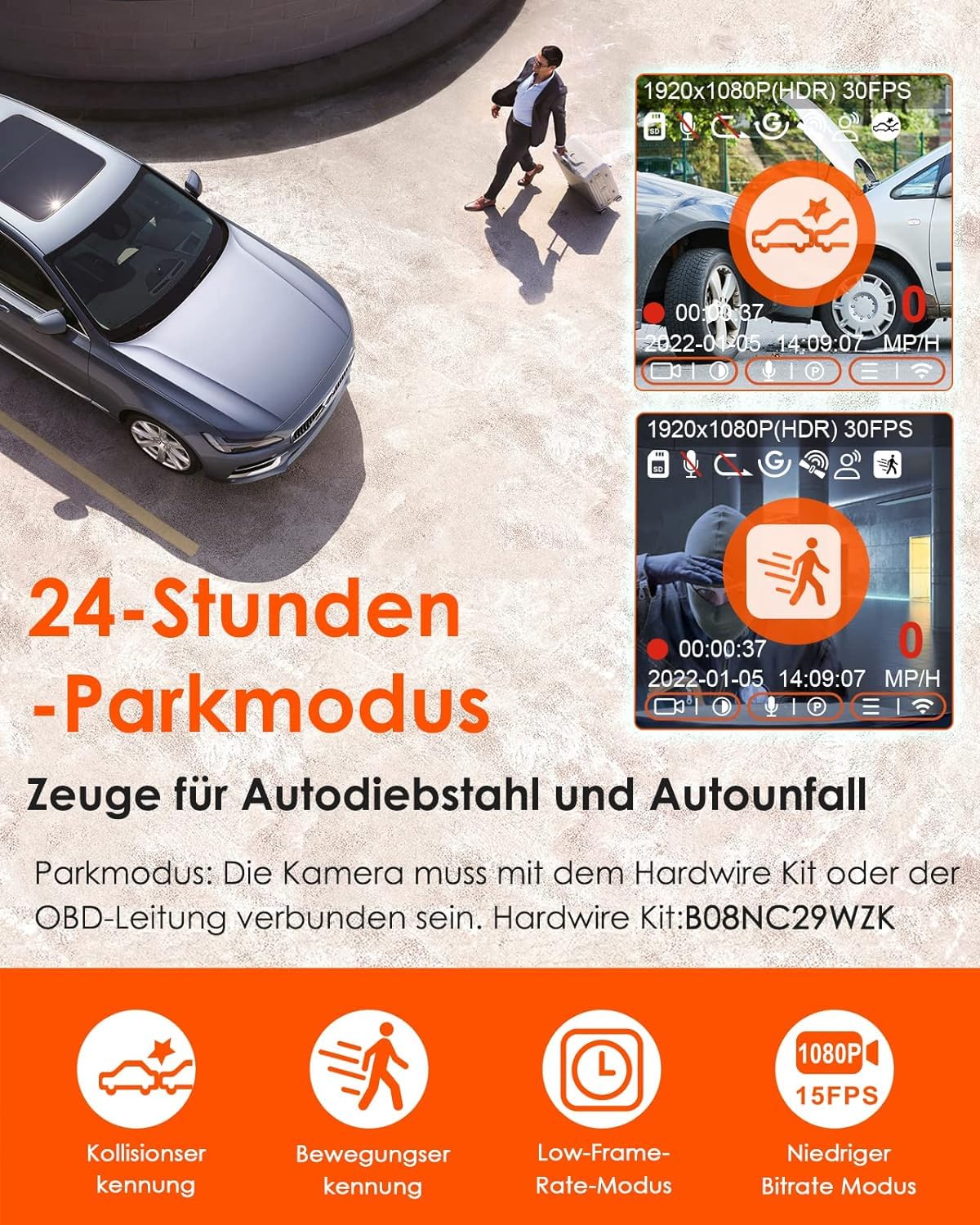 VANTRUE E1 WiFi GPS Dash Cam, 2596x1944P 30FPS Telecamera Per Auto a condensatore con Schermo IPS da 1,54 Pollice a 160°, Monitoraggio del parcheggio 24 ore, Telecomando e controllo vocale, Max 512G