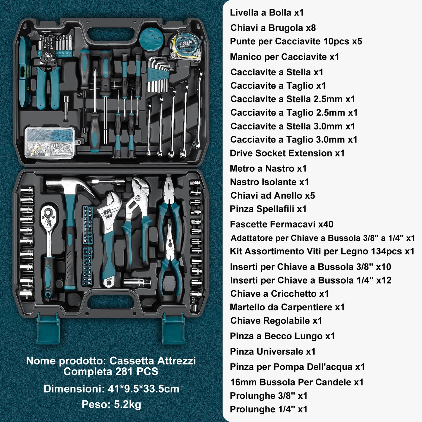 Cassetta Attrezzi Completa - Attrezzi da Lavoro Portatile per Uomini e Donne Valigia Attrezzi Set Completo di Chiavi a Bussola Set di Cacciaviti Chiavi a Brugola Metriche Pinze