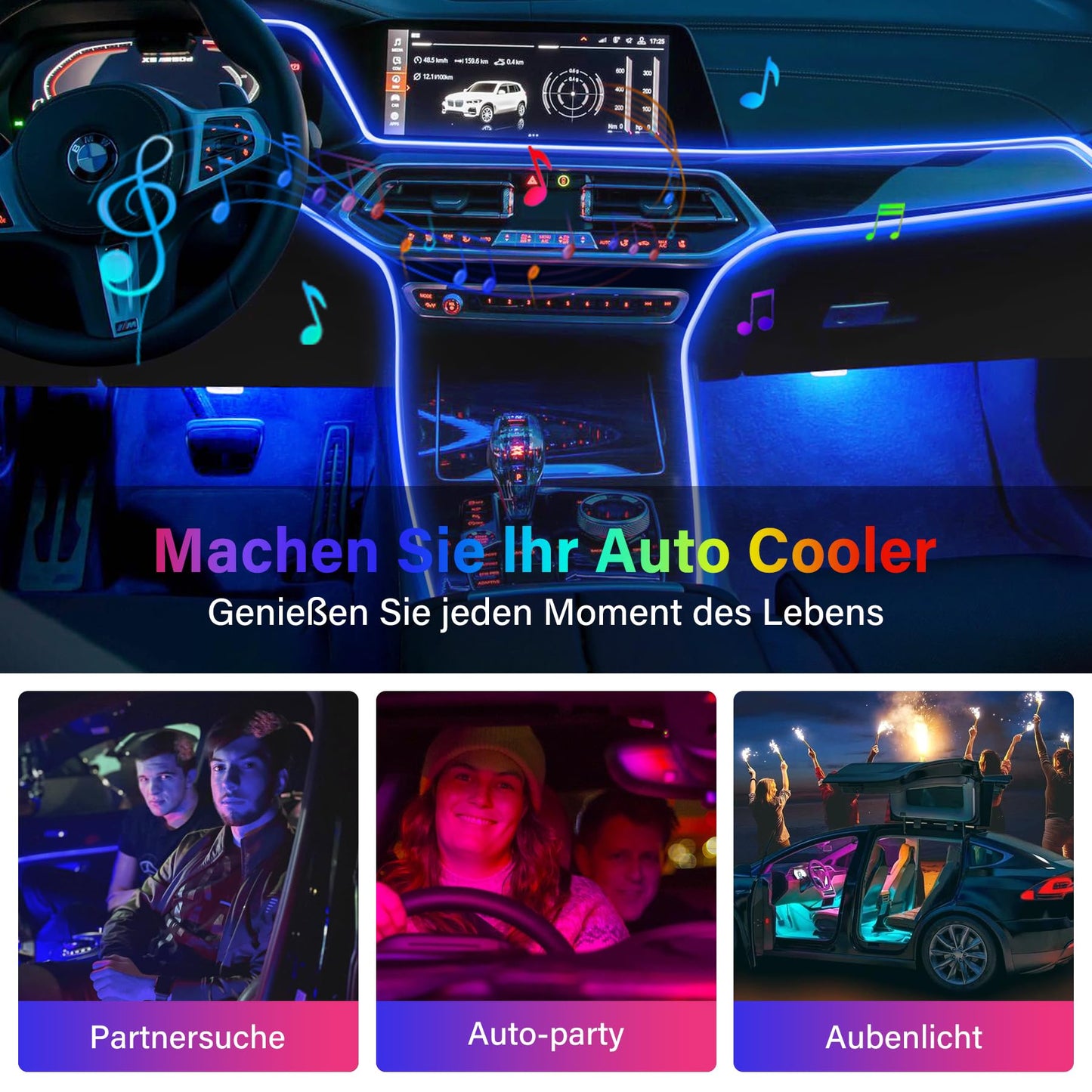 Boadw Striscia Led Auto 5V 5050 RGB Illuminazione Ambientale Auto 4m, Led Strip Car con APP,Pulsante di Controllo,Luce di Atmosfera USB Neon Luce di Musica Striscia Nero Cavo