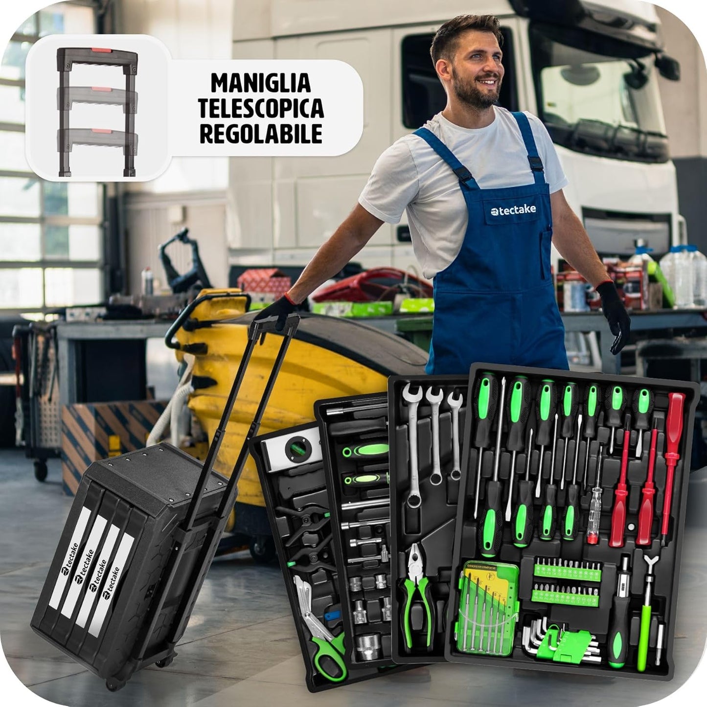 Trolley Porta Attrezzi 4 Scomparti, 899 Pezzi, Valigetta Completa con Utensili per Fai da Te, Cassetta degli Attrezzi con Ruote, Valigetta Attrezzi con Maniglia Telescopica - Nero