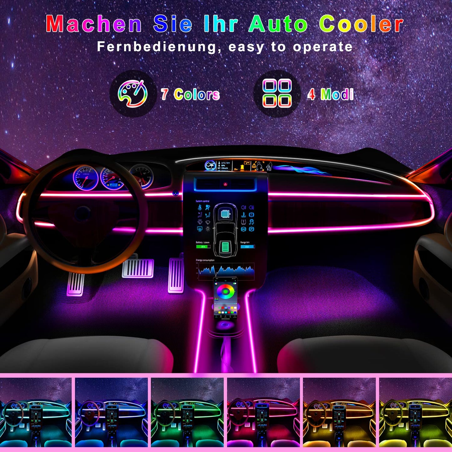 Boadw Striscia Led Auto 5V 5050 RGB Illuminazione Ambientale Auto 4m, Led Strip Car con APP,Pulsante di Controllo,Luce di Atmosfera USB Neon Luce di Musica Striscia Nero Cavo
