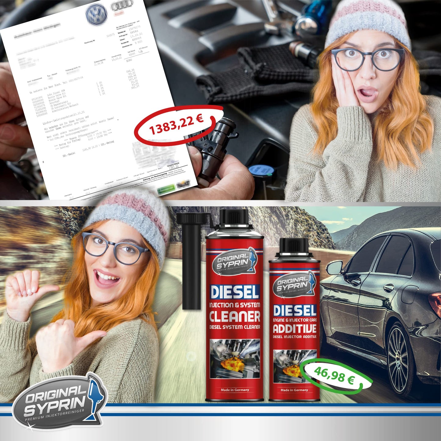 SYPRIN Pulitore Iniettori Diesel, ottimizza e pulisce iniettori, ugelli di iniezione, filtri antiparticolato Diesel, Dpf - additivo 1x500ml
