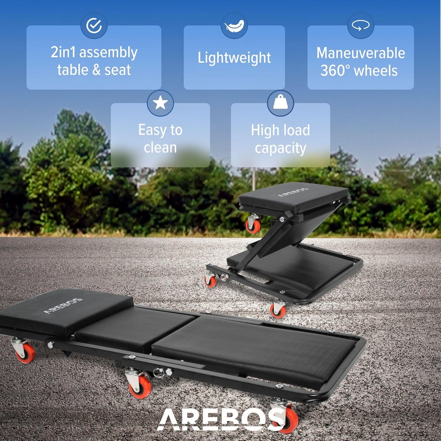 Arebos Carrello per Montaggio 2 in 1 Fino a 150 kg | Carrellino Sgabello da Officina