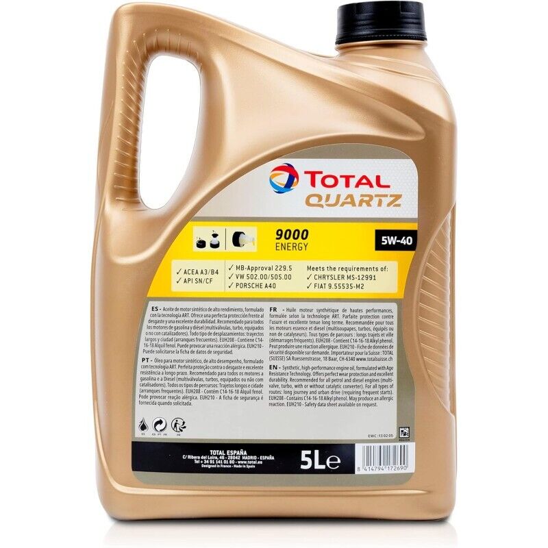 OLIO MOTORE AUTO TOTAL QUARTZ 9000 ENERGY 5W40 - TANICA 5 LT LITRI -OFFERTA