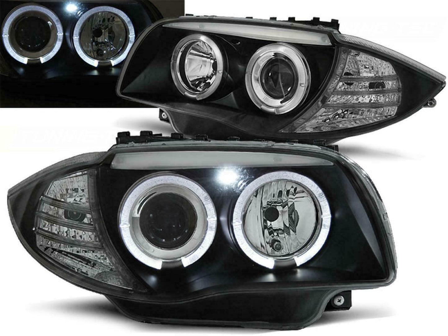 FARI ANTERIORI LED ANGEL EYES NERO PER BMW E81 E82 E87 E88 04-11 SERIE 1 FANALI