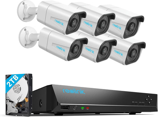 Reolink 4K Kit Videosorveglianza PoE, Rilevamento Intelligente di Uomo e Veicolo, 8CH 2TB NVR + 6x Telecamera Esterno PoE Impermeabile, Visione Notturna Infrarossa 30m, Registrazione 24/7, RLK8-800B6