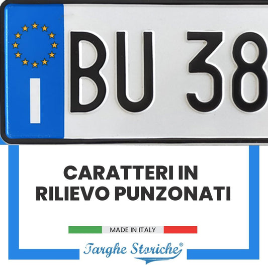 Targa Auto Anteriore Modello Europeo, Replica Targa Anteriore Catarifrangente in Alluminio con Caratteri Battuti, Punzonati in Rilievo, Made in Italy
