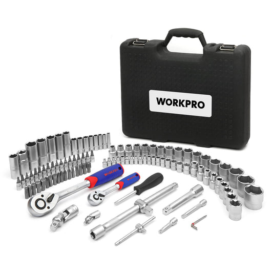 Set di Chiavi a Bussola con Cricchetto 1/4''+ 1/2'' 108 Pezzi,WORKPRO  Custodia Portatile, Maniglia Girevole, Barra di Prolunga, Kit di Attrezzi Meccanici per Auto