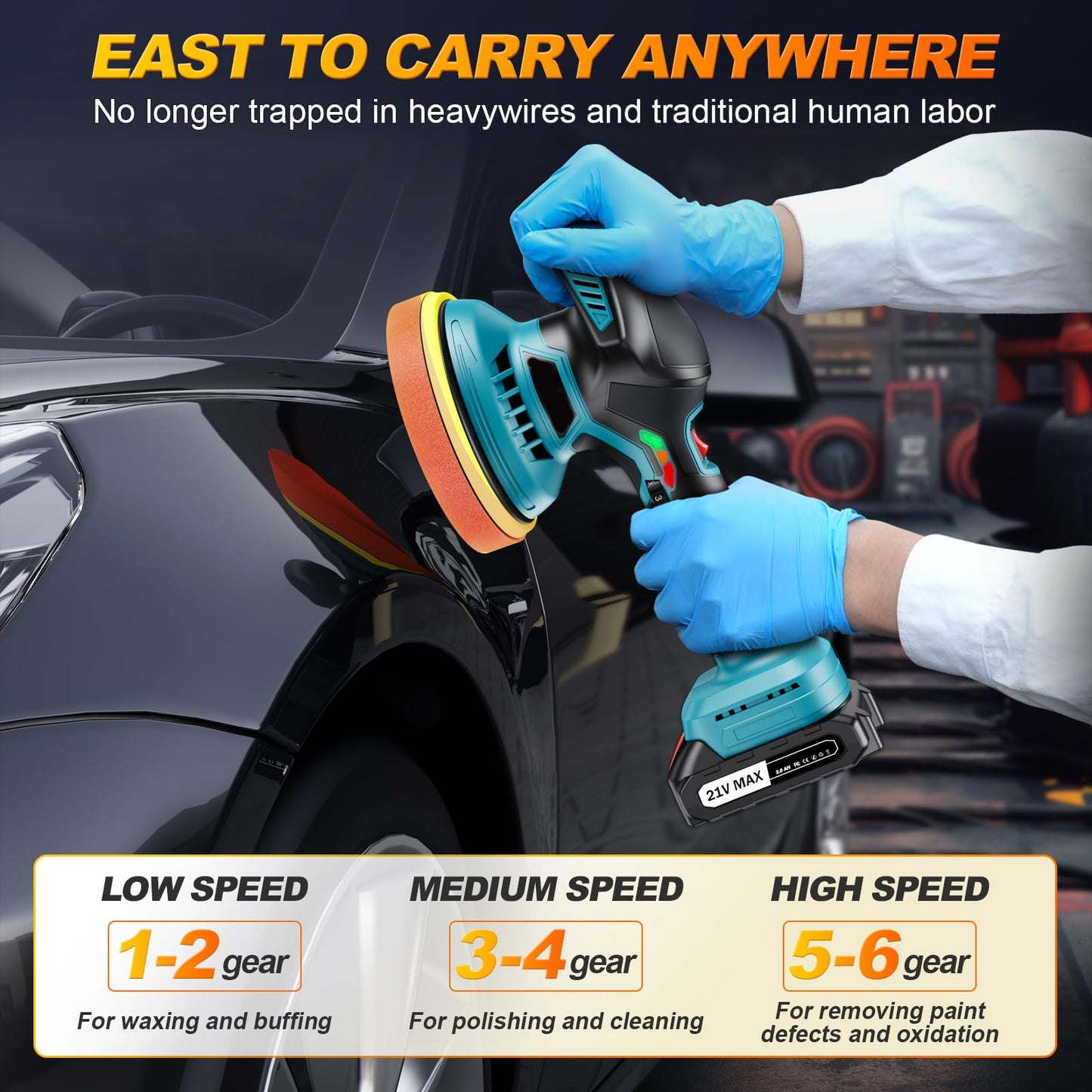Lucidatrice Auto a batteria - lucidatrice per auto da 6 pollici con 2 pezzi di batteria al litio da 21V 2000mAh e 13 accessori, lucidatrice per auto 6 a velocità variabile 5500RPM