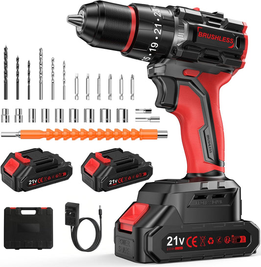 Trapano Elettrico Brushless Cordless Drill, 21 V, Impact Wrench with 2 Batteries of 2.0 Ah, 55 Nm Max, 25 + 3 Pair