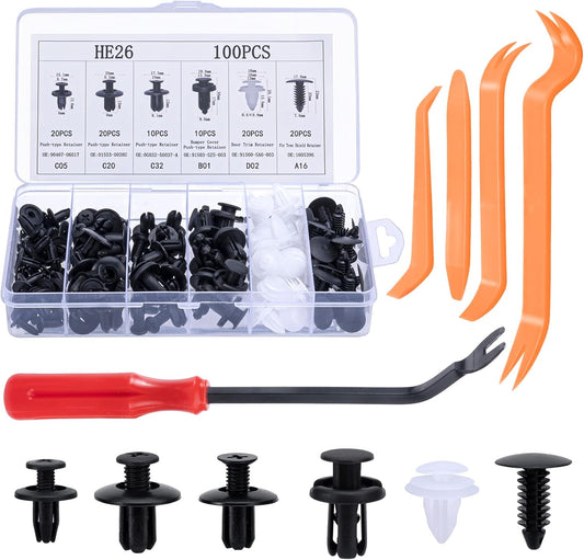 Set di clips voiture per auto - 6 diverse tipologie di clip per rivestimenti porta e clip in plastica per paraurti universali, inclusi i set di fissaggio della carrozzeria con rivetti a espansione.