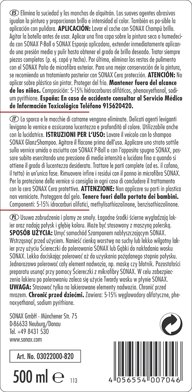 SONAX Rigeneratore di vernici (500 ml) potente lucidante per lacche colorate e metalliche opache e fortemente alterate | Art. N. 03022000-820
