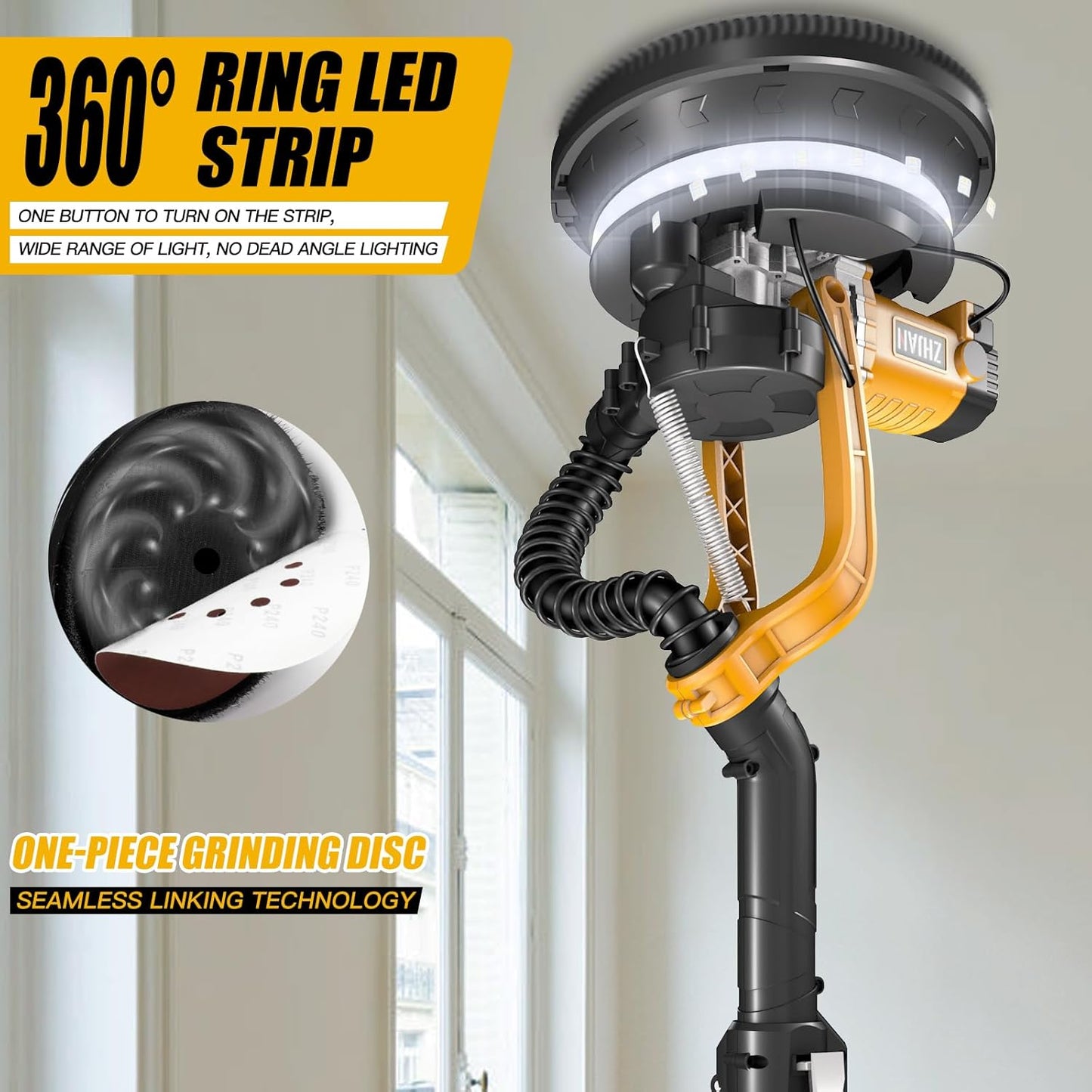 Levigatrice per Muro(230-240V, 880W,1000-2100RPM giri/minuto,impugnatura fino a 180cm,Goggles)luce LED,Spazio morto carteggiabile,Levigatura a secco polvere è adatto per pareti in calce e stucco