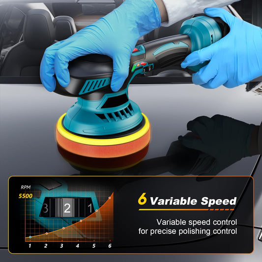 Lucidatrice Auto a batteria - lucidatrice per auto da 6 pollici con 2 pezzi di batteria al litio da 21V 2000mAh e 13 accessori, lucidatrice per auto 6 a velocità variabile 5500RPM