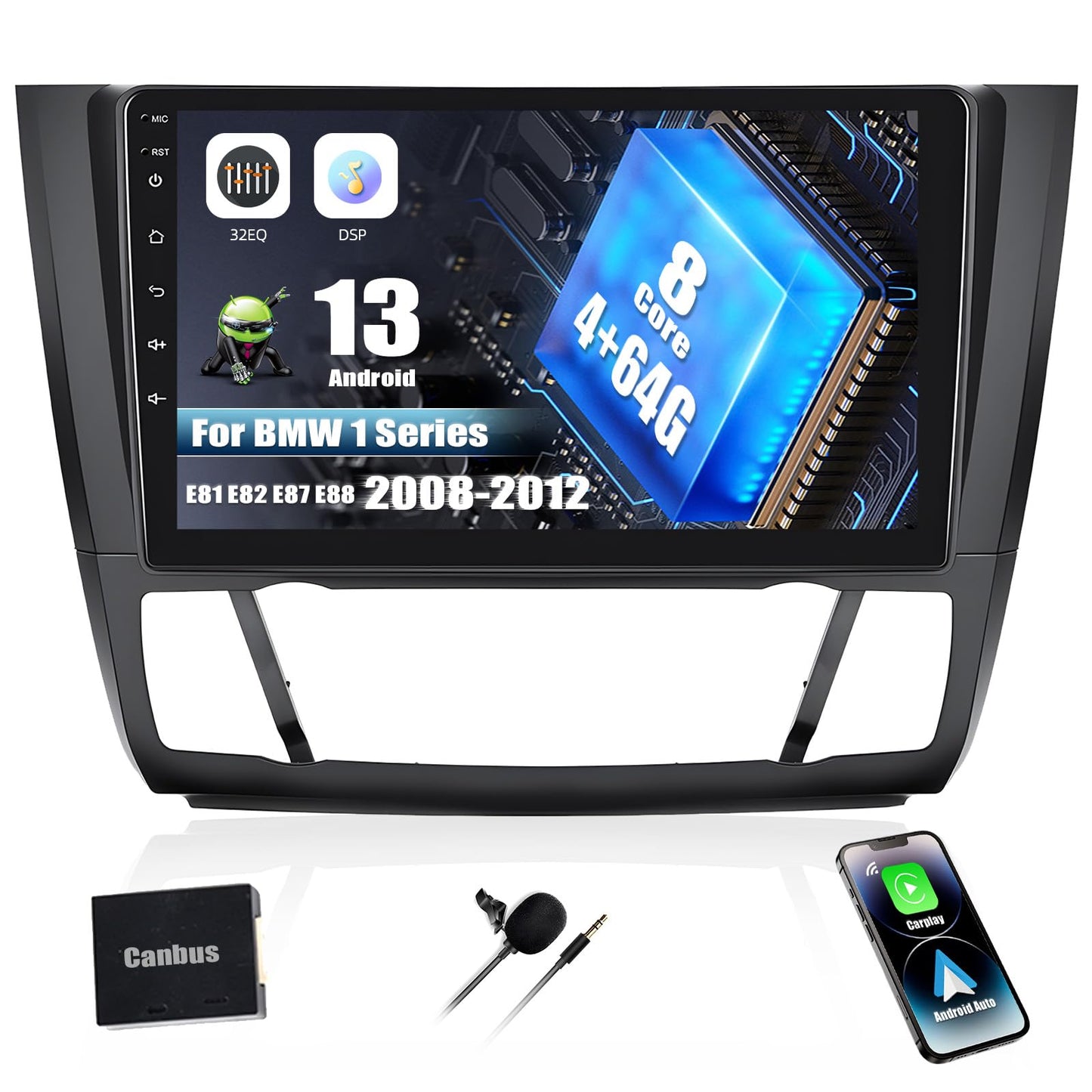 Autoradio per BMW 1 Series E81 E82 E87 E88 2008-2012,[2+64G]SIXWIN Android 13  9 Pollici 1080P HD TouchScreen Schermo Navigatore con Mirror Link WiFi RDS FM USB Bluetooth Comandi al Volante