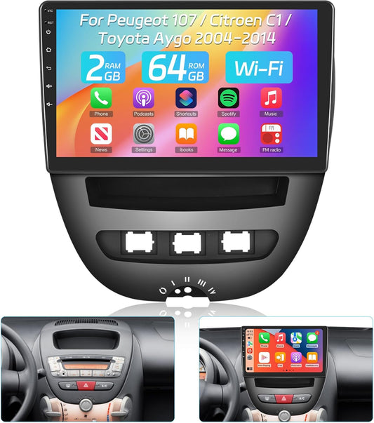 Autoradio per Peugeot 107 / Citroen C1 / Toyota Aygo 2004-2014 con Carplay wireless e Android Auto - Autoradio Android 13 da 10 pollici con WiFi GPS Controllo del volante EQ Schermo diviso
