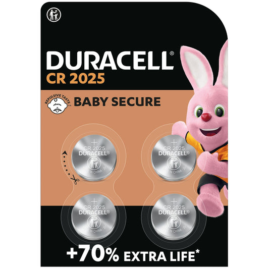 Duracell Batterie a moneta al litio 2025 da 3 V (confezione da 4) - Fino al 70% di extra durata - Tecnologia Baby Secure - Pila per chiavi auto, orologi fitness, occhiali 3D