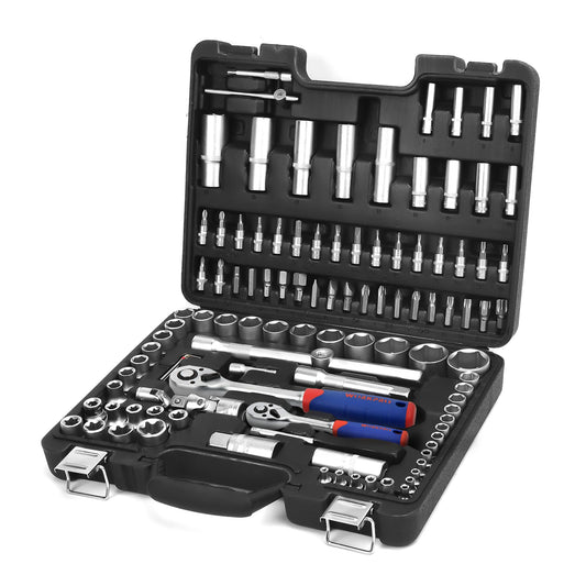 Set di Chiavi a Bussola con Cricchetto 1/4''+ 1/2'' 108 Pezzi,WORKPRO  Custodia Portatile, Maniglia Girevole, Barra di Prolunga, Kit di Attrezzi Meccanici per Auto