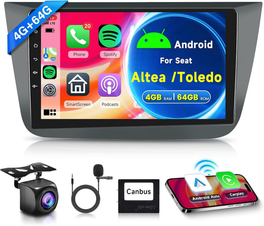 Autoradio 2 Din per Seat Altea 2004-2015 4G+64G Wireless Carplay Android 13 Toledo 2004-2009 9 Pollici Autoradio con Android Auto GPS Navi WiFi Mirror Link Bluetooth FM/RDS/SWC Telecamera Posteriore
