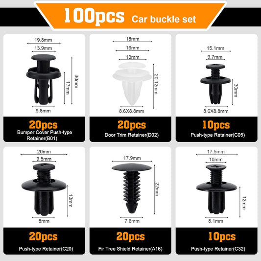 Set di clips voiture per auto - 6 diverse tipologie di clip per rivestimenti porta e clip in plastica per paraurti universali, inclusi i set di fissaggio della carrozzeria con rivetti a espansione.
