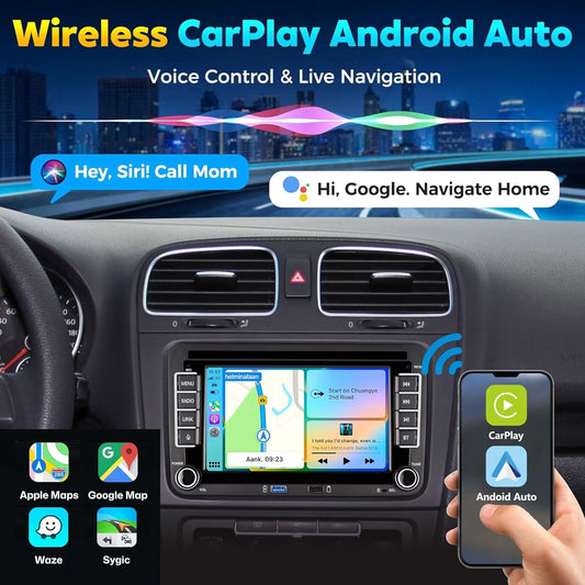 Autoradio per Golf 5 6 Passat Jetta Caddy Polo cc Tiguan EOS Touran T5 Scirocco Wireless Carplay & Android Auto, con display IPS da 7 inch Bluetooth/FM/AM/USB/EQ/Touch