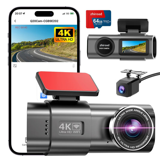 Dash Cam Auto, 4K Dashcam con 64G Scheda, Dashcam Auto con WiFi & App, Telecamera per Auto 170°, Schermo 1,47", WDR, Visione Notturna, Modalità Parcheggio, Sensore di Gravità, Registrazione in Loop