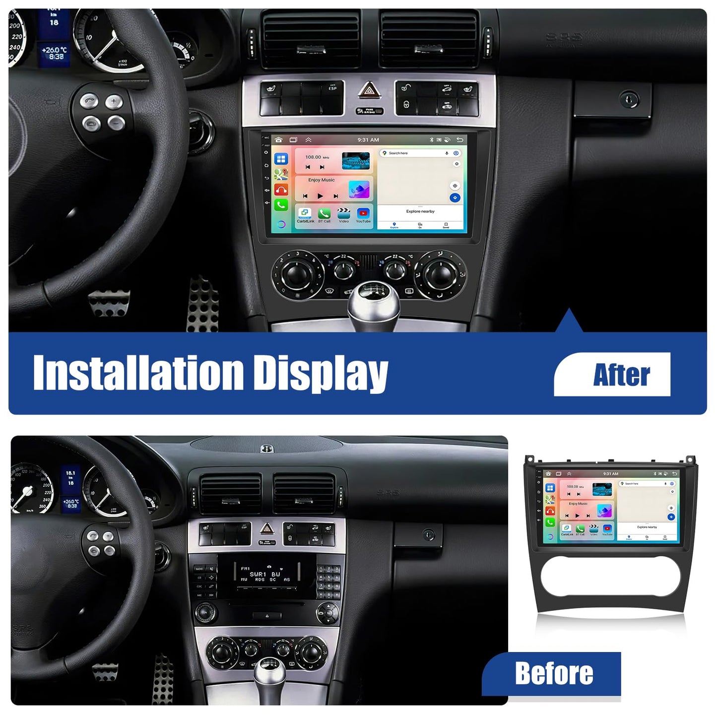 Autoradio con CarPlay/Android/DSP SIXWIN 2+64G Android 13 per Mercedes-Benz Smart Fortwo 2011-2015,1280 * 720, 9" HD Schermo Navigatore GPS WiFi BT USB FM RDS Mirror Link