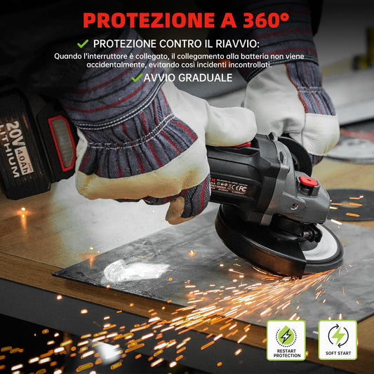 Smerigliatrice Angolare Motore brushless con 2 batterie *4.0Ah,8500RPM,10 dischi da taglio 125 mm smerigliatrice a batteria, 20V
