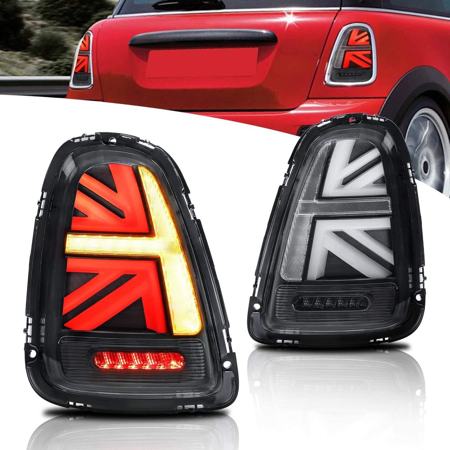 Fari Posteriori LED per Mini Cooper Union Jack  R56 R57 R58 R59 2007-2013, con indicatori di direzione dinamici, 1 set (lato guidatore + passeggero) (Trasparente)