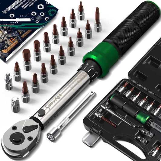 Chiave Dinamometrica Bici, Set Chiavi a Cricchetto 1/4 di Pollice 2-24 Nm, Cricchetto Reversibile a 72 Denti, Precisione di Errore ± 3%, con Adattatore da 3/8", Punte Phillips Hex e Torx