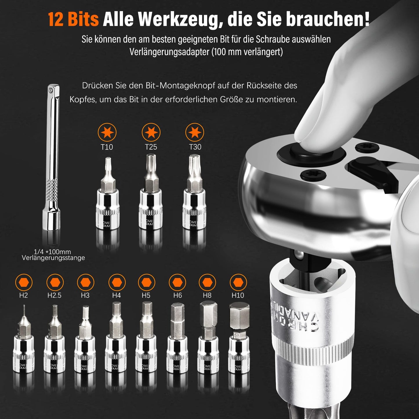 Chiave Dinamometrica Bici, Set Chiavi a Cricchetto 1/4 di Pollice 2-24 Nm, Cricchetto Reversibile a 72 Denti, Precisione di Errore ± 3%, con Adattatore da 3/8", Punte Phillips Hex e Torx