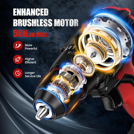 Trapano Elettrico Brushless Cordless Drill, 21 V, Impact Wrench with 2 Batteries of 2.0 Ah, 55 Nm Max, 25 + 3 Pair