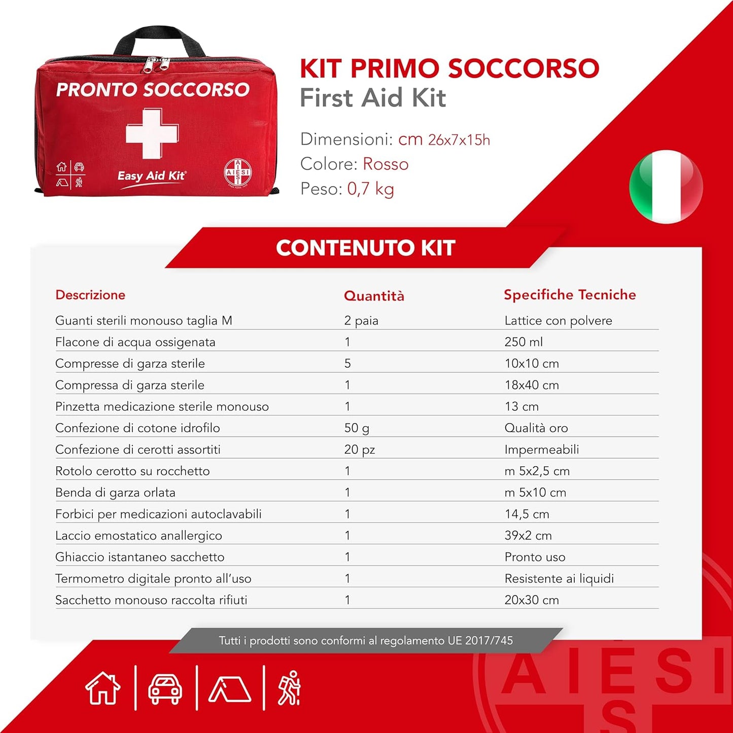 Kit di Pronto Soccorso professionale per auto casa viaggio barca moto trekking con TERMOMETRO e DISINFETTANTE, EASY AID KIT, Borsa di emergenza completa per medicazione, Made in Italy