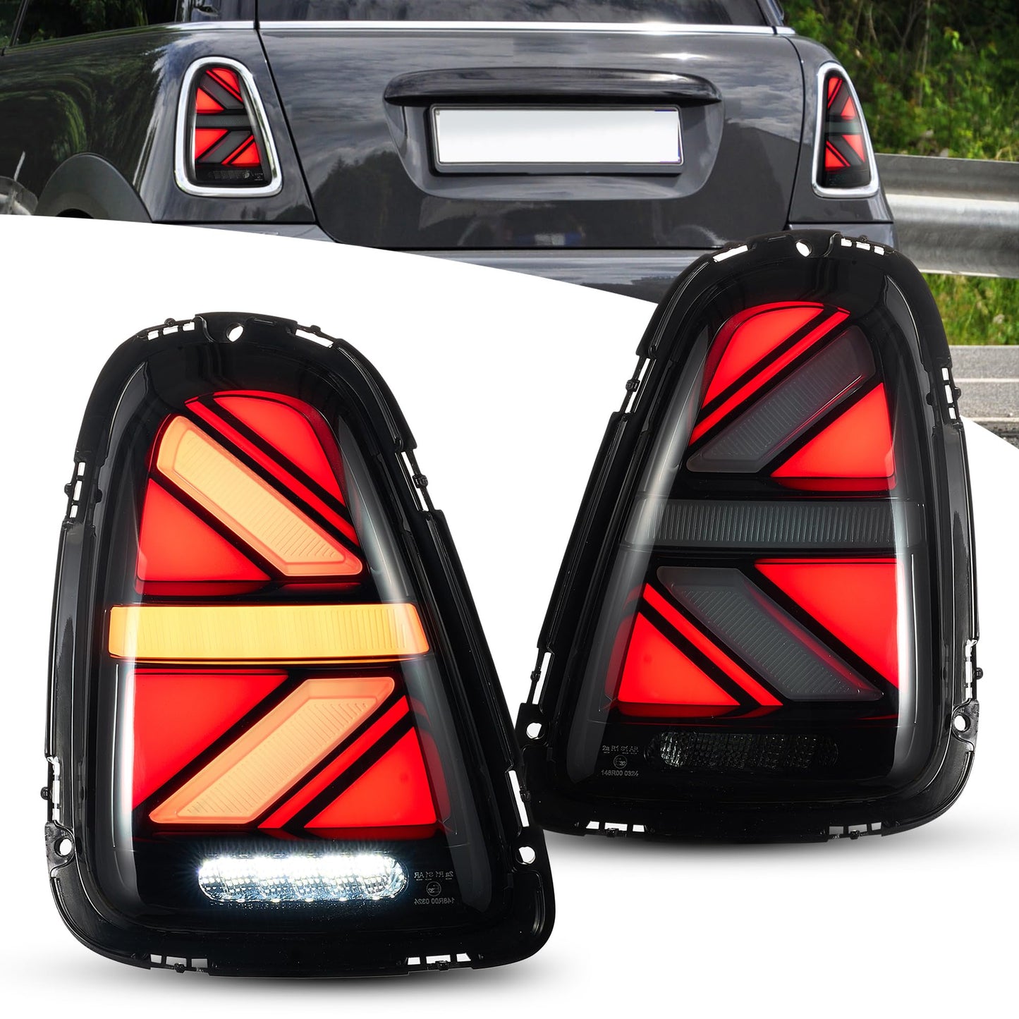Fari Posteriori LED per Mini Cooper Union Jack  R56 R57 R58 R59 2007-2013, con indicatori di direzione dinamici, 1 set (lato guidatore + passeggero) (Trasparente)