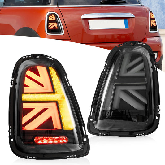 Fari Posteriori LED per Mini Cooper Union Jack  R56 R57 R58 R59 2007-2013, con indicatori di direzione dinamici, 1 set (lato guidatore + passeggero) (Trasparente)