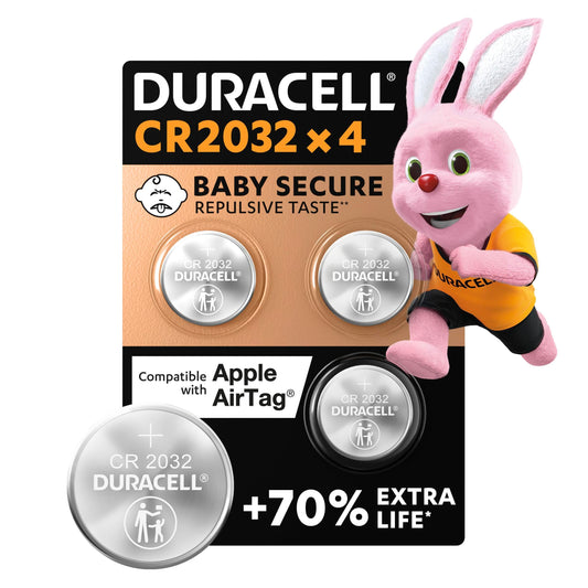 Duracell Batterie a moneta al litio 3V CR2032 (4 pz.) - Fino a +70% di durata - Tecnologia Baby Secure - Per Apple AirTag, chiavi auto, dispositivi domestici, sportivi e medici - A prova di bimbo
