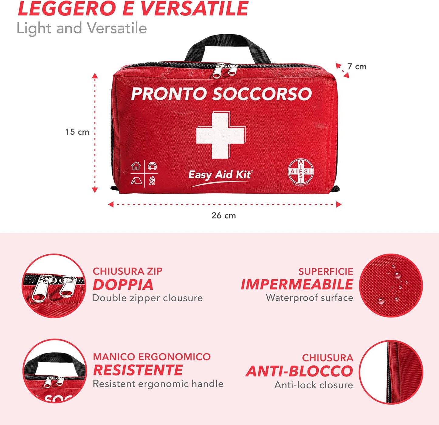 Kit di Pronto Soccorso professionale per auto casa viaggio barca moto trekking con TERMOMETRO e DISINFETTANTE, EASY AID KIT, Borsa di emergenza completa per medicazione, Made in Italy