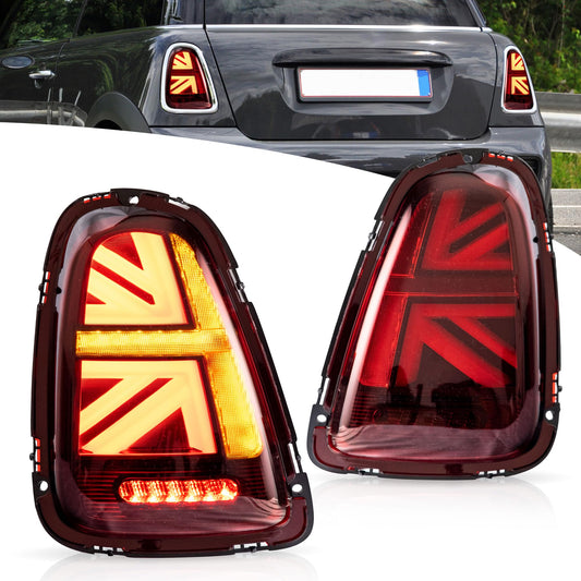 Fari Posteriori LED per Mini Cooper Union Jack  R56 R57 R58 R59 2007-2013, con indicatori di direzione dinamici, 1 set (lato guidatore + passeggero) (Trasparente)