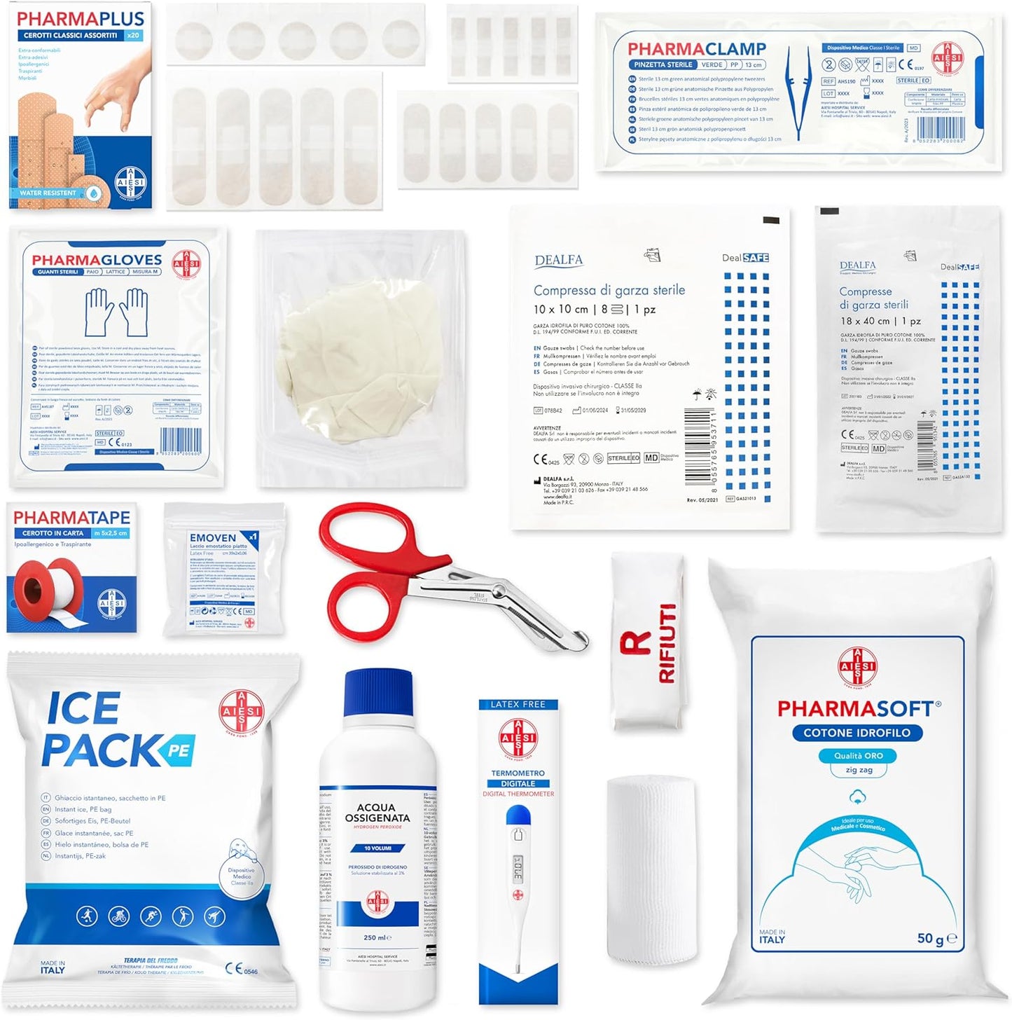 Kit di Pronto Soccorso professionale per auto casa viaggio barca moto trekking con TERMOMETRO e DISINFETTANTE, EASY AID KIT, Borsa di emergenza completa per medicazione, Made in Italy