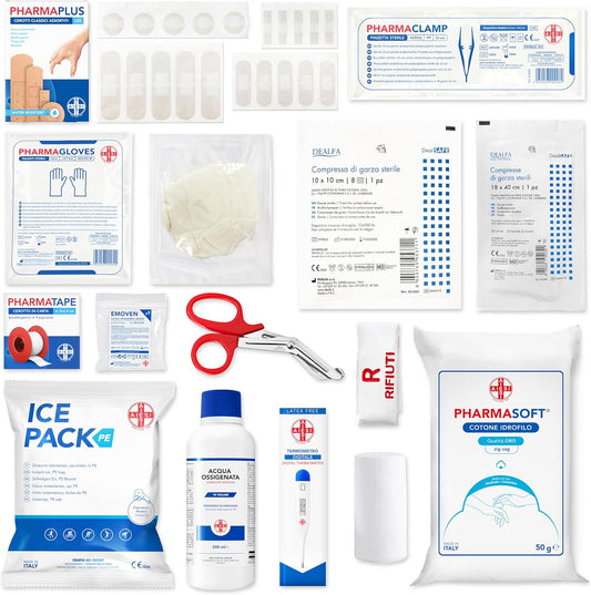 Kit di Pronto Soccorso professionale per auto casa viaggio barca moto trekking con TERMOMETRO e DISINFETTANTE, EASY AID KIT, Borsa di emergenza completa per medicazione, Made in Italy