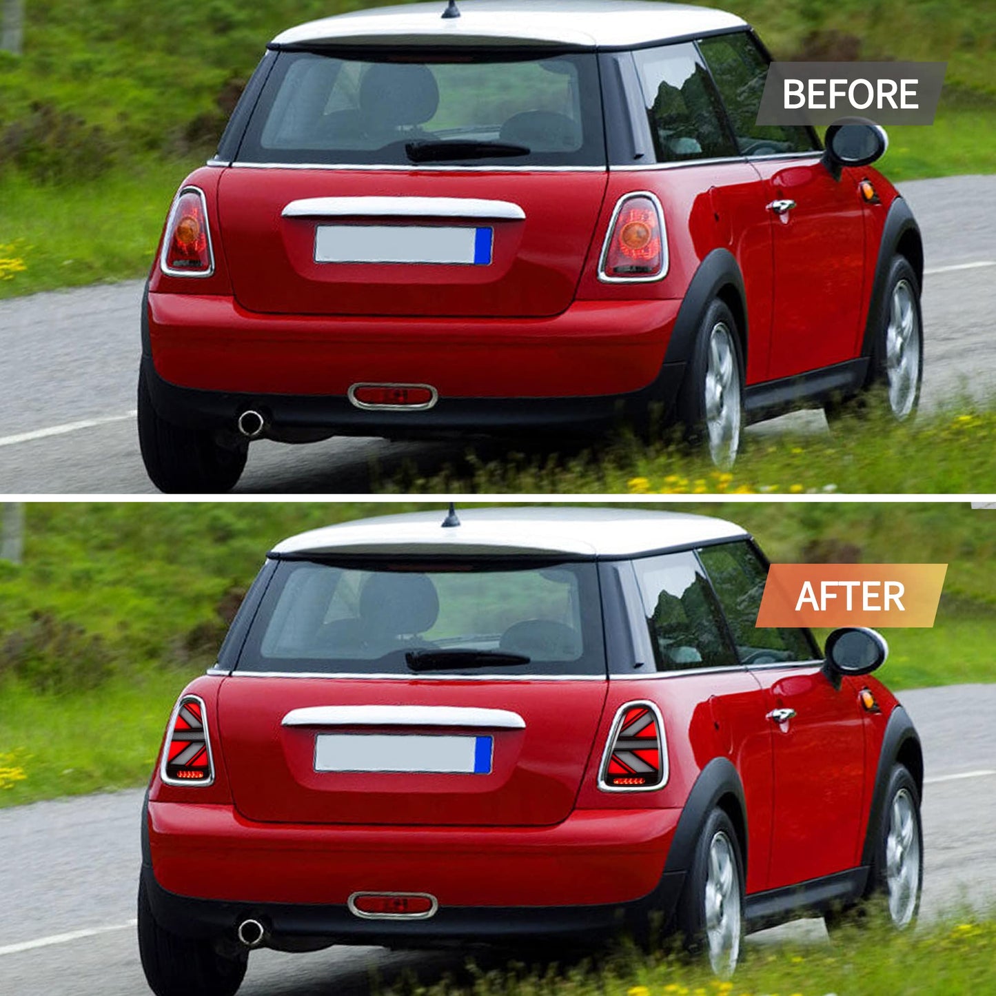 Fari Posteriori LED per Mini Cooper Union Jack  R56 R57 R58 R59 2007-2013, con indicatori di direzione dinamici, 1 set (lato guidatore + passeggero) (Trasparente)