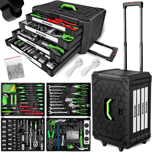 Trolley Porta Attrezzi 4 Scomparti, 899 Pezzi, Valigetta Completa con Utensili per Fai da Te, Cassetta degli Attrezzi con Ruote, Valigetta Attrezzi con Maniglia Telescopica - Nero