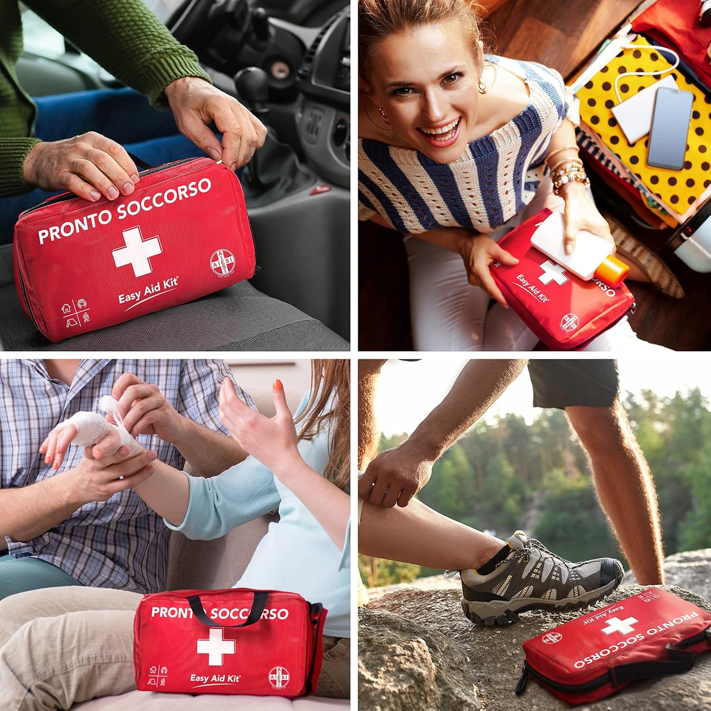 Kit di Pronto Soccorso professionale per auto casa viaggio barca moto trekking con TERMOMETRO e DISINFETTANTE, EASY AID KIT, Borsa di emergenza completa per medicazione, Made in Italy