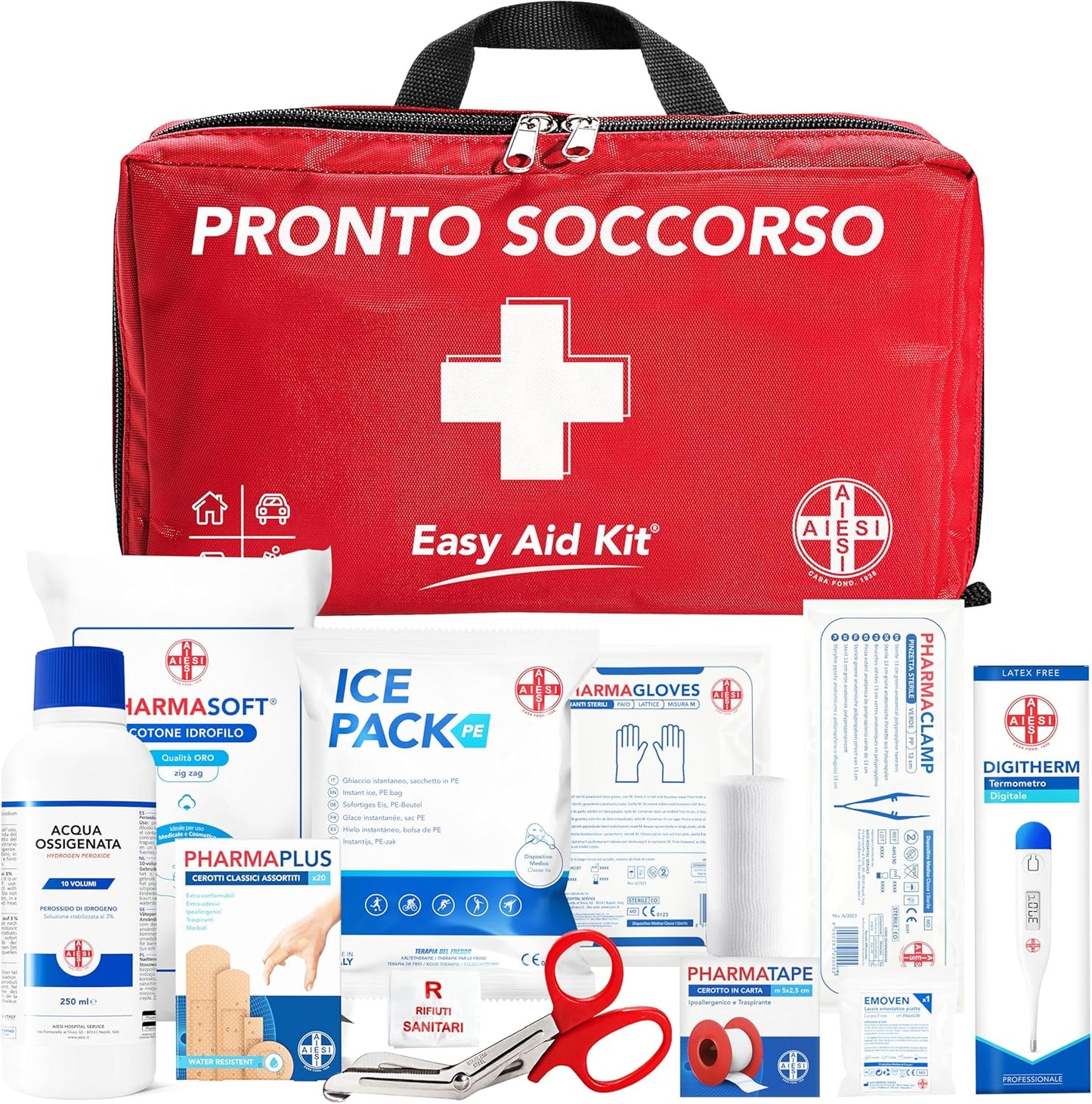 Kit di Pronto Soccorso professionale per auto casa viaggio barca moto trekking con TERMOMETRO e DISINFETTANTE, EASY AID KIT, Borsa di emergenza completa per medicazione, Made in Italy