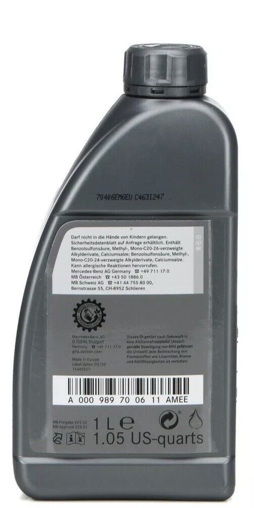 1 LT Litro Olio Motore 100% Sintetico Originale Mercedes Benz 5W30 MB 229.51